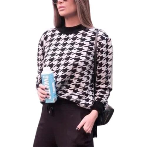 2021 Autumn And Winter New Womens Geometric Houndstooth Knitted Casual Retro Pullover Sweater