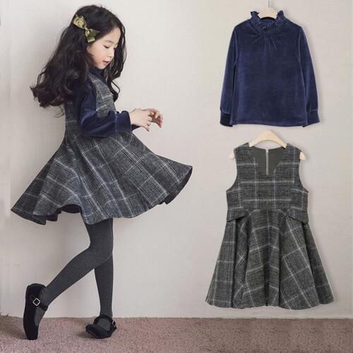 4-14 yrs big girls long sleeve dress ruffle blouse +wool plaid dress 2 piece sets 2019 winter autumn kids costume Girl Outfits