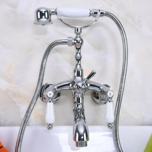Polished Chrome Brass Double Ceramic Handles Wall Mounted Bathroom Clawfoot Bathtub Tub Faucet Mixer Tap w/Hand Shower ana220