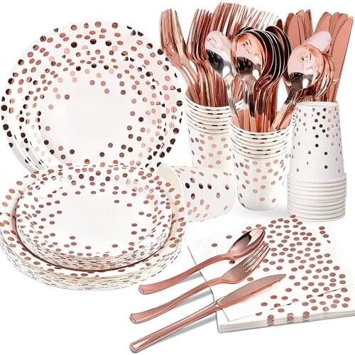 Rose Gold Party Dinnerware Paper Plates Cutlery Disposable Tableware Sets Supply for Wedding Bride Christmas Decoration