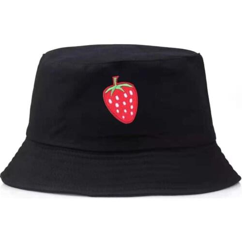 New Fashion Punk Black Strawberry Embroidery Fisherman Caps Bob Summer Panama Casquette Fruit Bucket Hats Mens Hip Hop Gorras