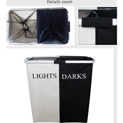 Medium-sized Double Compartments Black and White Laundry Hamper for Dirty Clothes Folding Aluminum Lightweight Storage Basket O