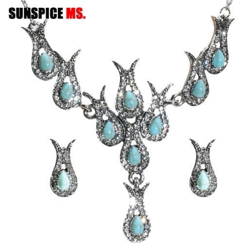 SUNSPICE MS Antique Silver Color Rhinestone Earring Necklace Sets For Women Morocco Traditional Wedding Jewelry Gifts