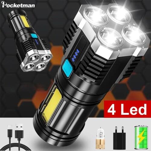 50000LM LED Flashlights 4 Modes Flashlight 4 LED+Side Longe Range Light Waterproof USB Rechargeable Built-in BatteryTorch