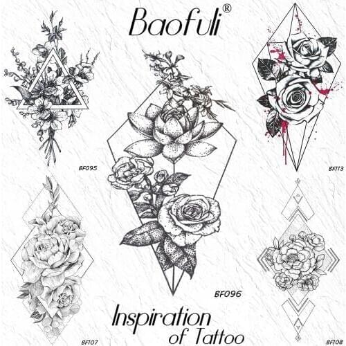 Rhombus Lotus Flower Leaves Temporary Geometric Tattoo Rose Branch Fake Tattoos Body Art Arm Women Girl Waterproof Black Tattoos