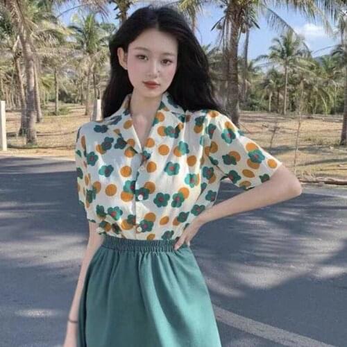 Summer Retro Loose Casual Short-Sleeved Shirt Women Korean Style Printing Short Sleeves Square Collar Female Tops