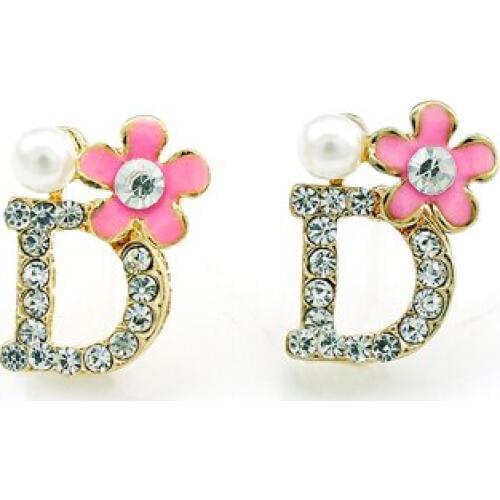 Fashion Lady Pink Flower Gold Color White Rhinestone Letter D Stud Earring For Women Jewelry Free Shipping
