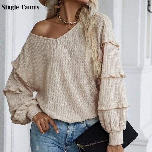 2021 Fall Pullovers Loose Casual Solid Color Long Lantern Sleeve Ruffle Knitting Tops Autumn Sweater Pull Femme