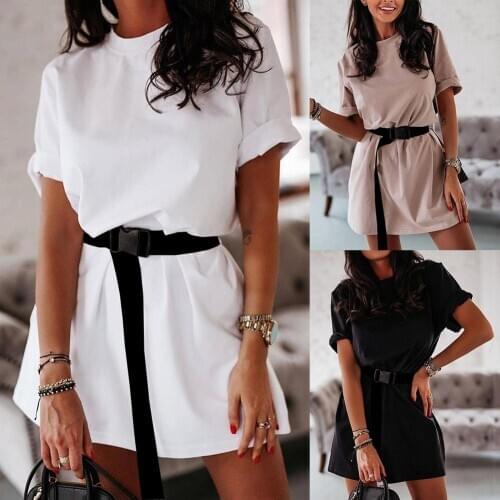 Sexy Dress Plus Size Women Solid Color O Neck Half Sleeve Belt Home Leisure T-shirt Mini Loose Dress Party Summer Dress Vestidos