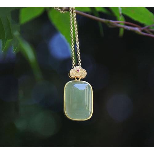 Natural Hetian Jasper geometric Pendant Necklace Chinese style retro palace style small group design charming womens jewelry