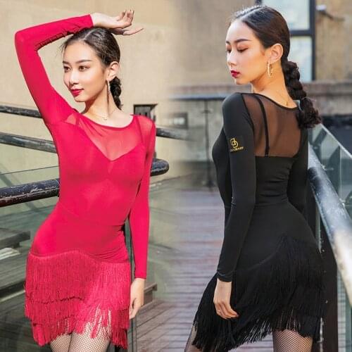 Latin Dance Dress Ladies 2021 New Latin Practice Dress red/Black Costume Modern Dance Clothes Women Long Sleeve Dress BL2277