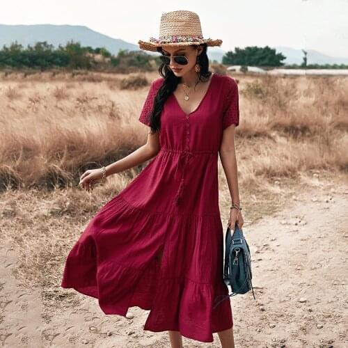2021 Summer Dress Women Casual V-Neck Hollow Out Draw String Midi Dress Loose Solid Color Holiday Vintage Dresses Female
