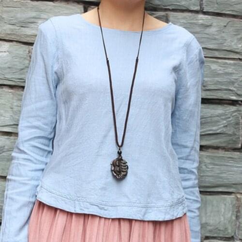 1Pcs Vintage Ethnic Handmade Wood Carving Fish Pendant Necklaces Women Men Adjustable Long Rope Chain Sweater Necklace Gift