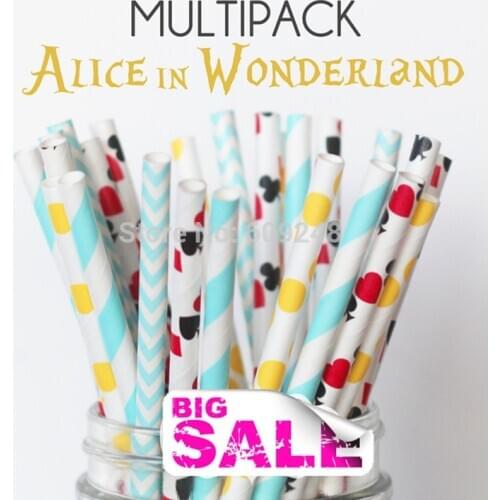 100pcs Mixed Colors ALICE IN WONDERLAND Paper Straws,Chevron,Dot,Vintage,Deck of Cards,Casino,Heart,Birthday,Party Straws