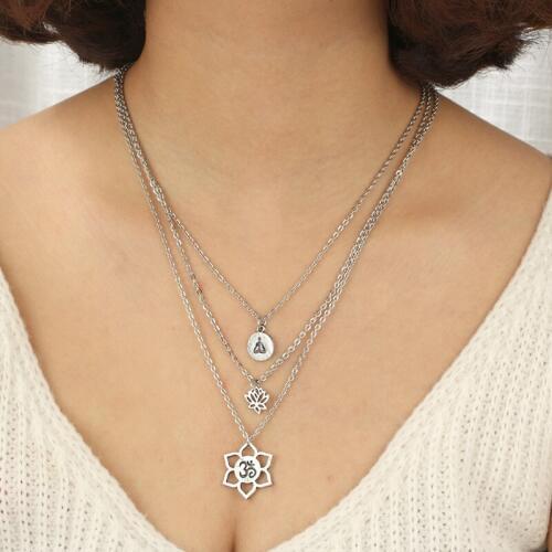 Bohemia Vintage Hollow Lotus Flower Pendant Necklace Multilayers Creative Yoga Chain Long Necklaces Women Jewelry YN110