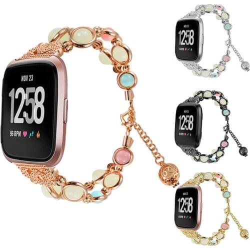 Luminous Beads Stainless Steel Strap for Fitbit Versa Watch Band Women Beads Wristband for Fit Bit Versa Bands