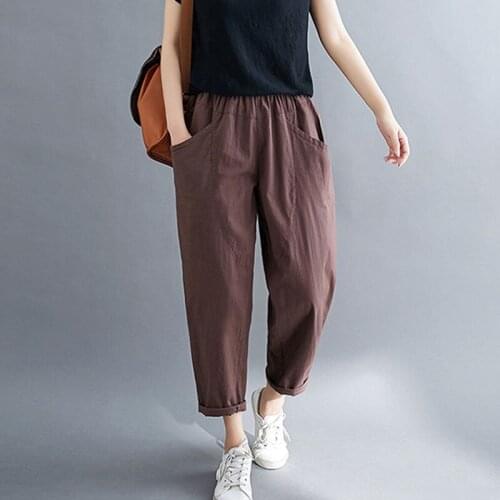 2021 Women Spring Summer New Vintage Cotton Linen Pant Lady Solid Elastic High Waist Harem Pant Female Loose Casual Trouser D903