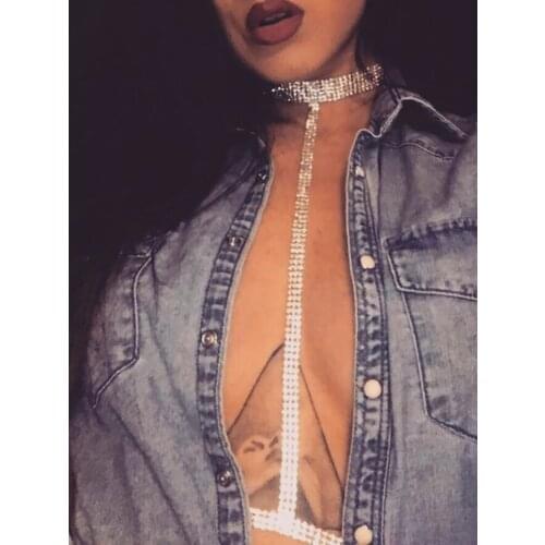 Stonefans Rhinestone Body Jewelry Sexy Choker Necklace Link Chain Statement Crystal Belly Body Chain Waist Bra Necklace Gift