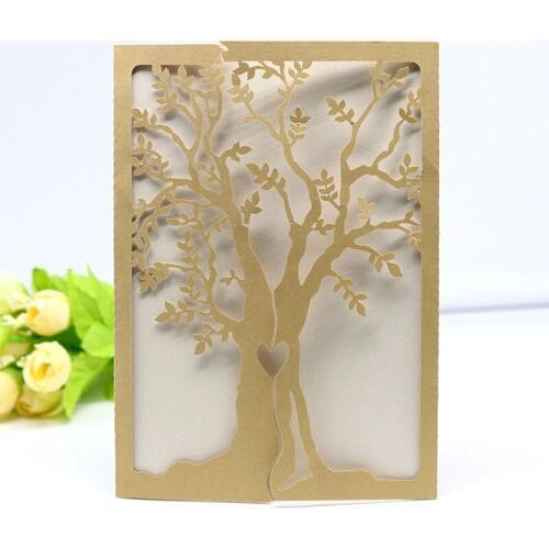 50pcs Gold Laser Cut Wedding Invitations Card Elegant Tree Leaf Greeting Card Customized Birthday Wedding Party Favor Decoration