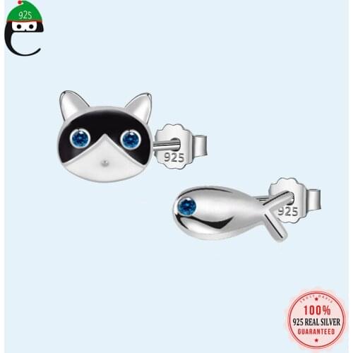 ElfoPlataSi Real 925 Sterling Silver Fashion Asymmetric Fish Cat Stud Earring For Women Wedding Valentines Day Jewelry DD369