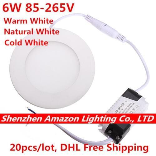 DHL Free ship 20pcs 6W LED Panel Light Ultra Thin LED Ceiling Down Light AC85-265V Warm White/Natural White/Cold White LED Light