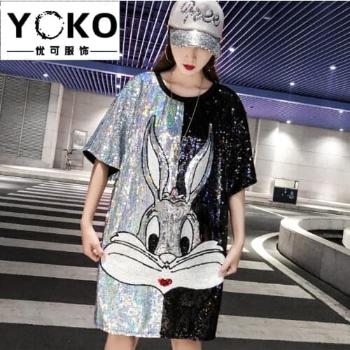 YOKO Shining Cartoon long sequin T-shirt female hip-hop 2019 summer new Korean version of the loose short-sleeved sequined shirt