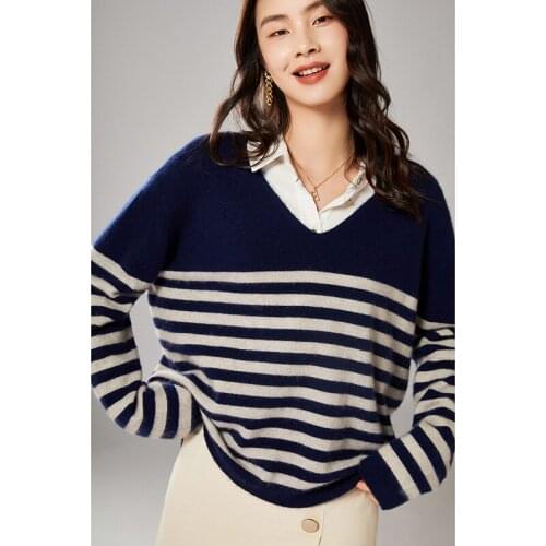 Cashmere sweater womens new wool sweater autumn and winter warm knit pullover striped casual bottoming sweater