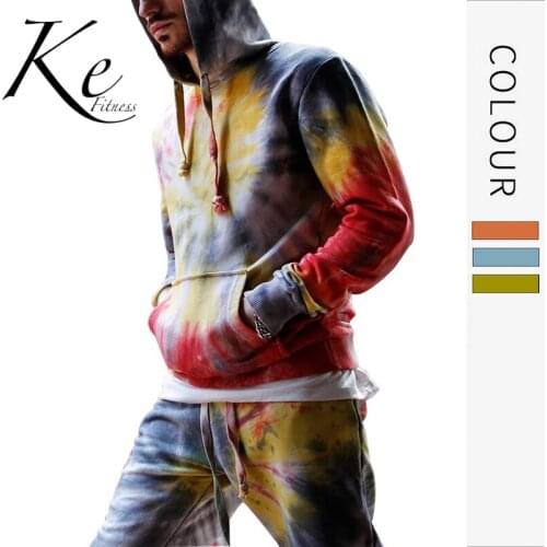 KE mens suit 2 pieces sports long-sleeved hooded pullover sweater multicolor gradient cotton tracksuit men sports set men