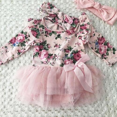 Emmababy Newborn Toddler Baby Girl clothes set Floral fly sleeve Tutu Lace Dress Clothes+headband outfit clothes set