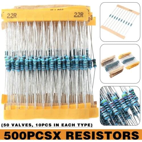 Mayitr 500Pcs/Set Metal Film Resistors 50 Values Resistors 1/4W 1% 1Ohm-10M Ohm Resistance Components Assortment Kit