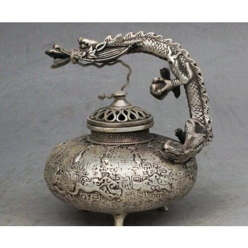 Copper Brass craft Marked China Palace Silver Dragon Beast Handle Statue lncense burner Censer