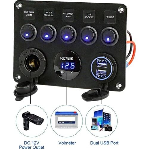 5 Gang Multi-Functions Marine Boat LED Switch Panel 12V Toggle Switch for Car Boat Voltmeter Car USB Charger 12V Power Outlet