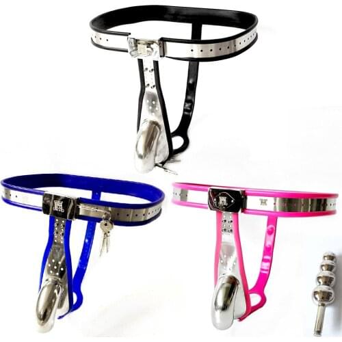 Pink Male Chastity Belt with Anal Plug Stainless Steel Underwear BDSM Bondage Lockable Cock Cage Chastity Device Sex Toy for Men