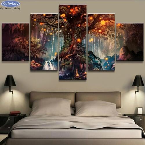 5 Panel Diy full drill square/round Diamond painting Magic tree scenery diamond Embroidery sale Cross-Stitch Wall Sticker Decor