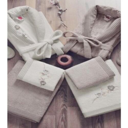 Cotton Box 3D Embroidered Bamboo Family Bathrobe Set -Ecru / Soil 40% Bamboo 60% Cotton