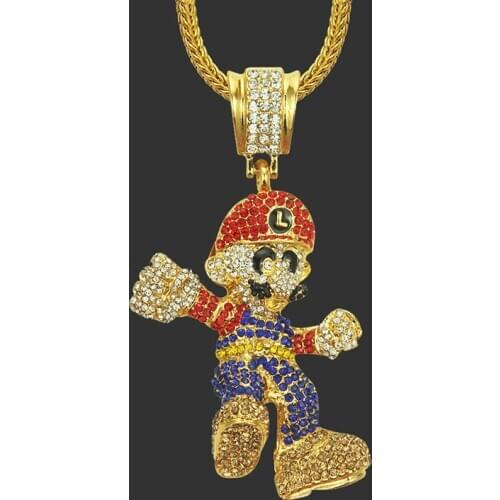 Hip Hop Jewelry Women Men Fashion Mario Cartoon Big Necklaces & Pendants Statement Long Chain Gold Alloy Metal Necklace Gift