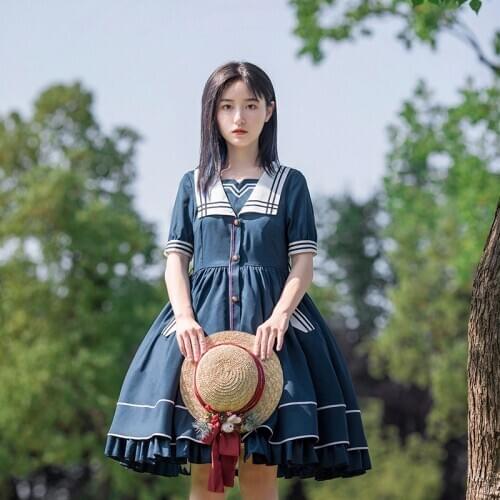 Princess sweet lolita dress retro sailor collar falbala high waist victorian dress kawaii girl gothic lolita op loli cosplay