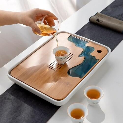 River Design Resin Bamboo Tea Tray For Teacup Teapot Storage Water Detachable Ceramic Bamboo Tea Board For Home Office Teahouse