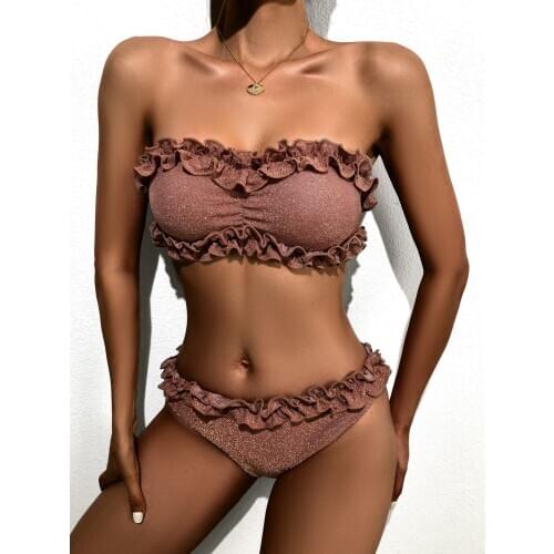 Sexy Special Fabric Shiny Bikini 2021 Bandeau Push Up Swimwear Women Flashing Strappy Swimsuit Retro Female Ruffle Bathing Suit