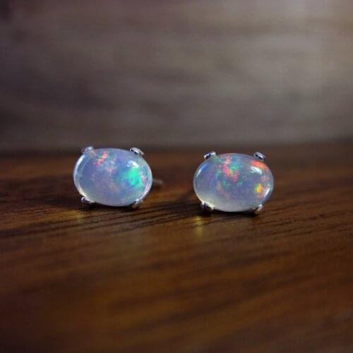 Boho Female White Blue Fire Opal Stone Earrings Fashion Silver Color Rose Gold Small Oval Stud Earrings For Women New Year Gifts