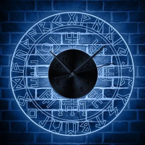Norse Rune Compass Luminous Wall Clock with LED Light Viking Runes Acrylic LED Edge Lit Wall Clock Man Cave Bar Lighted Sign
