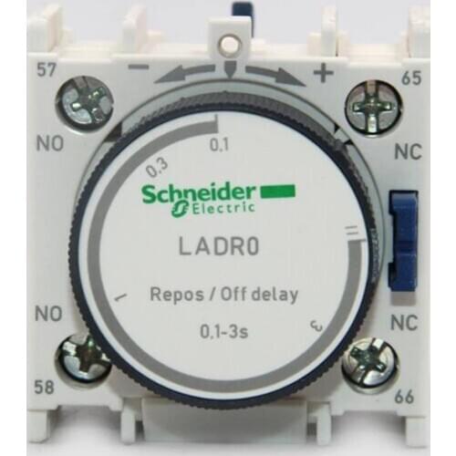 LADR0 Time delay auxiliary contact block, TeSys D, 1NO + 1NC, off delay 0.3-3 s, front mounting, screw terminals