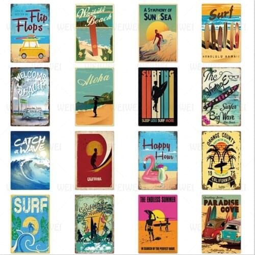 Summer Seaside Iron Sign Home Decoration Landscape Metal Sign Decoration Wall Art Surfing Retro Iron Plate Wave Tin Plaque