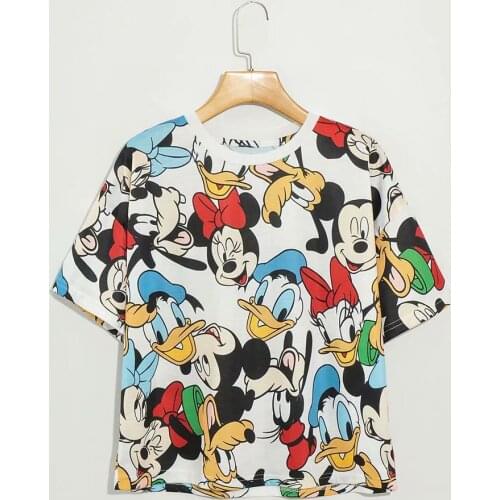Disney Cartoon Mickey Mouse Shirts For Women Print Round Neck Short-sleeved Women Fashion Clothing Graphic T-Shirts Harajuku