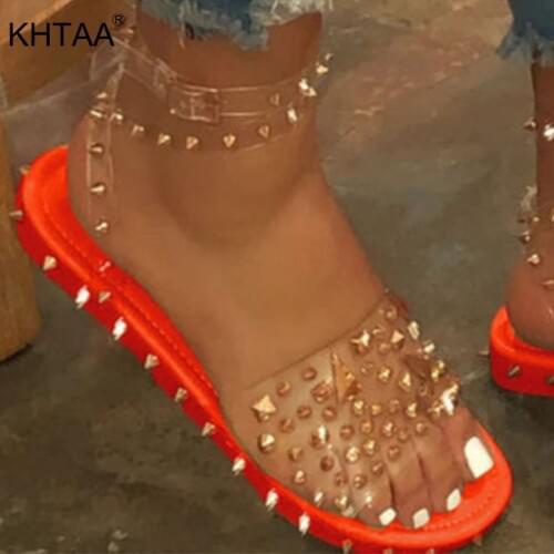 Women Shoes Sandals Summer Rivet Punk Womens Flats Shoes Ankle Strap Female Cool Girls Buckle Transparent Bling Ladies Slippers