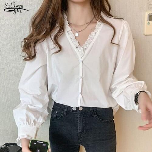 2020 Autumn Long Sleeve White Puff Chiffon Shirt Women Casual Plus Size Lace Women Blouse V-Neck Cardigan Ladies' Clothing 10621