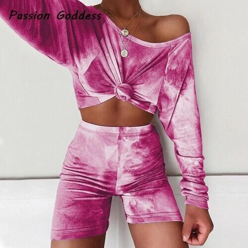 2 Piece Color Tie-dye Women Set Lounge Wear Outfits Oversized Long Sleeve Crop Shirts Mini Biker Shorts Set Jogger Two Piece Set