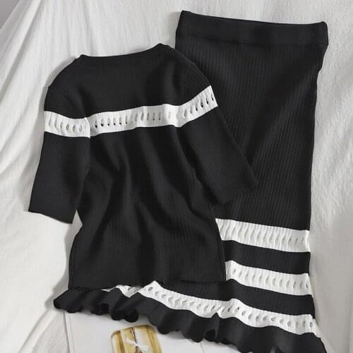Summer Knitted Suit Pullover T-shirt Tops+High Waist Knit Long Skirt Black White Contrast Color Hollow Out Women 2 Piece Set