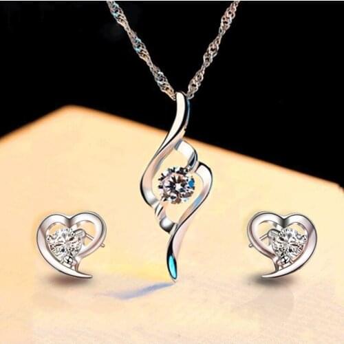 Fashion Elegant Heart Bridal Jewelry Sets Silver Color Crystal Alloy Jewelry Set Stud Earrings & Necklace Sets For Women Gift