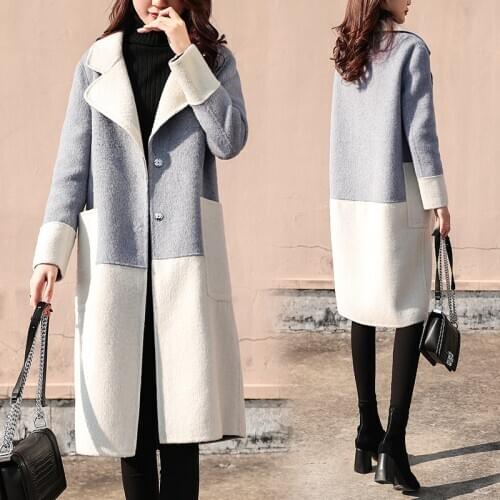 Spliced Woolen Coat Women Mid-length Autumn Winter Dark Buckle Straight Popular Wool Coat Casual Thickened Wool Coat Pocket Q123